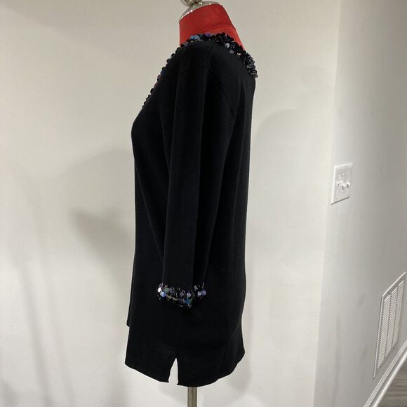 Quacker Factory black tunic sweater sequins embellishment neck and cuff size S - Picture 4 of 9
